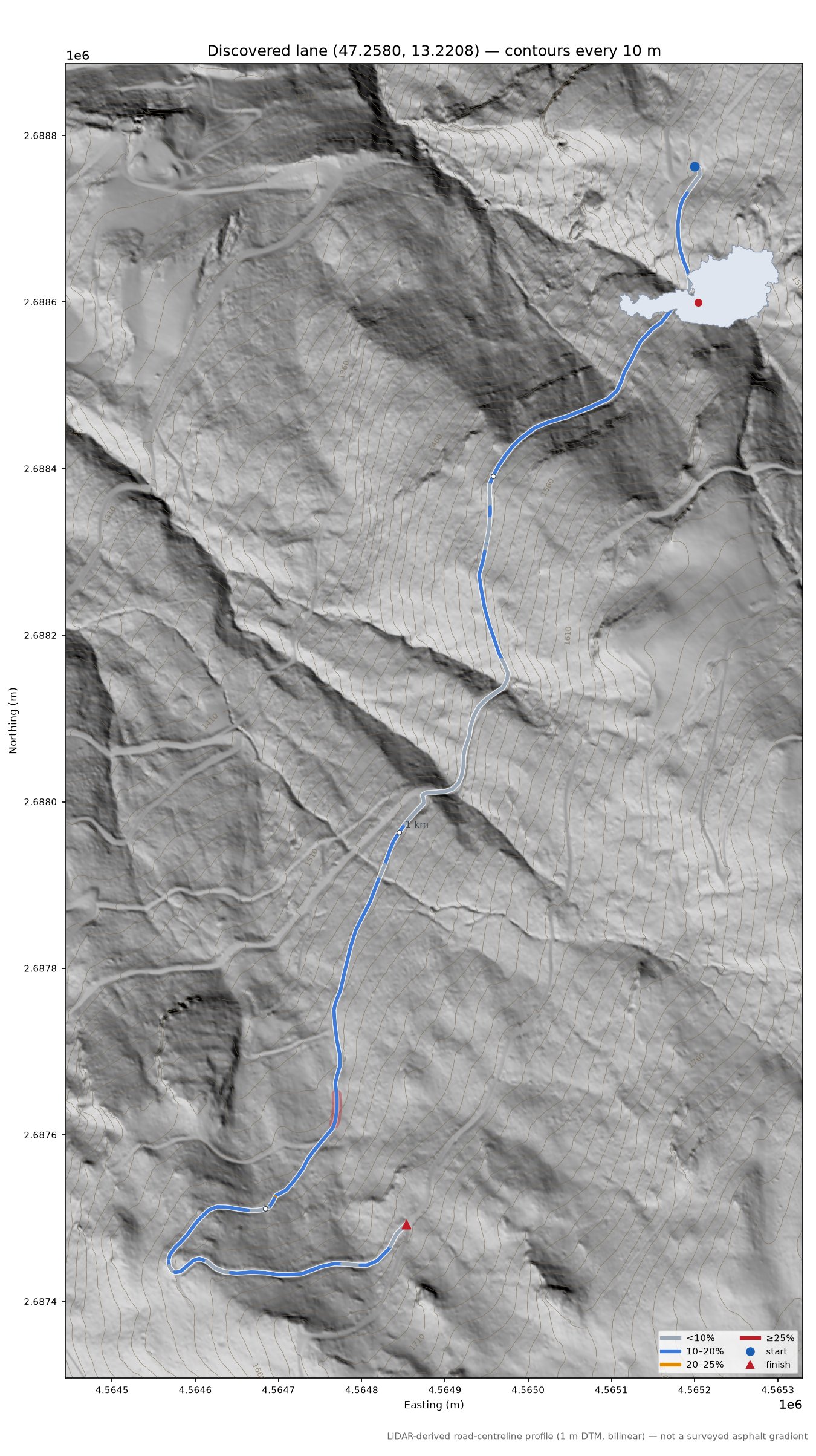 Discovered lane (47.2580, 13.2208) LiDAR hillshade map with contours