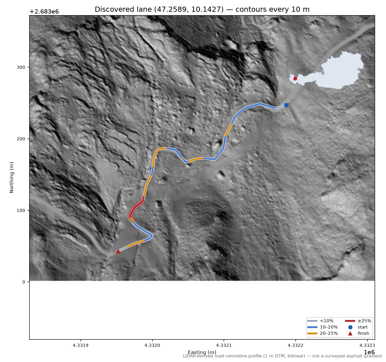 Discovered lane (47.2589, 10.1427) LiDAR hillshade map with contours