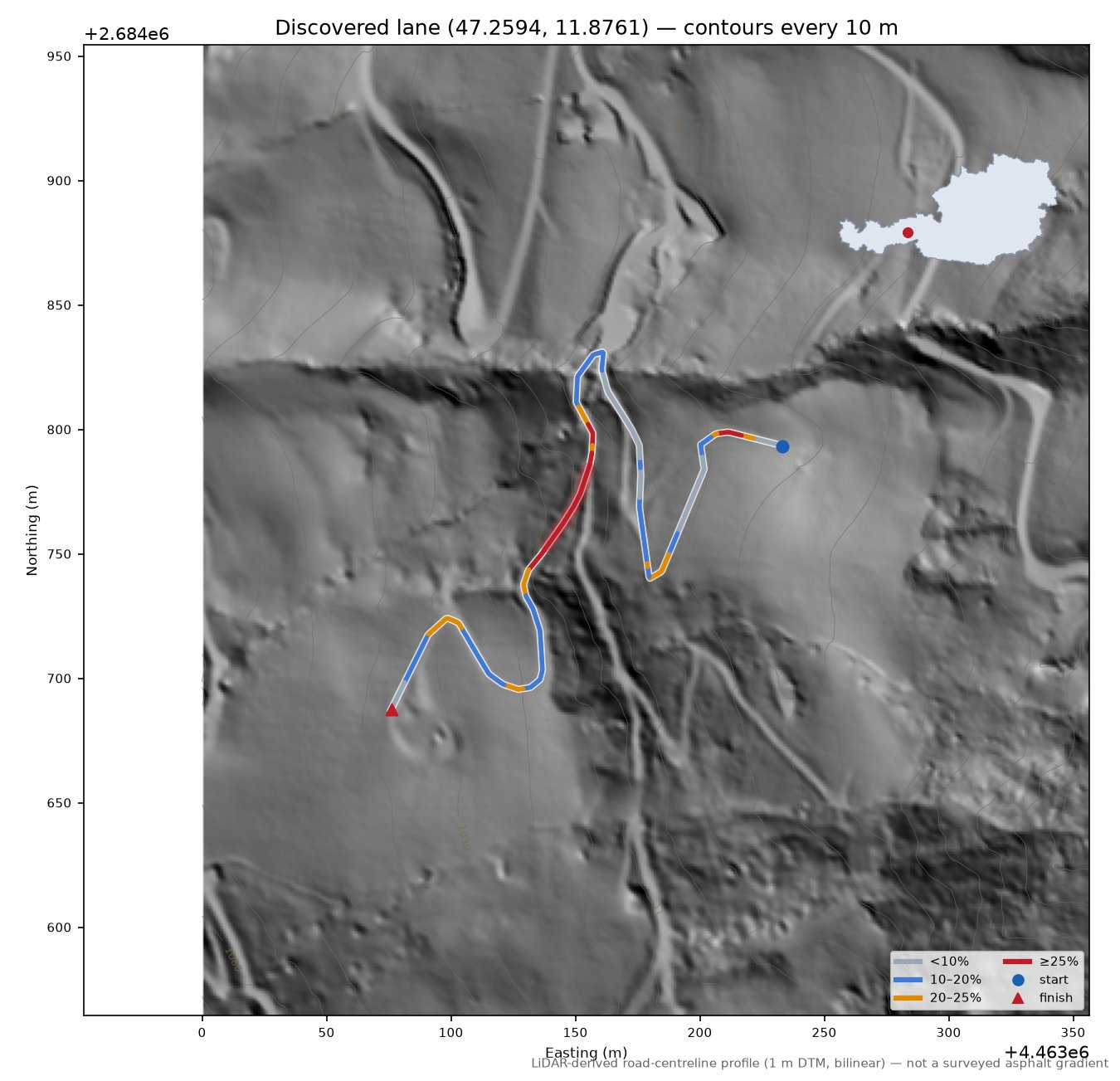 Discovered lane (47.2594, 11.8761) LiDAR hillshade map with contours