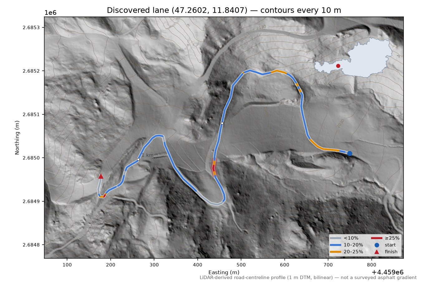 Discovered lane (47.2602, 11.8407) LiDAR hillshade map with contours