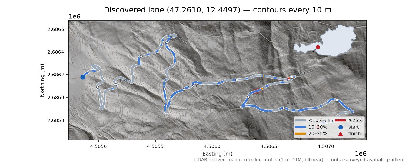 Discovered lane (47.2610, 12.4497) LiDAR hillshade map with contours