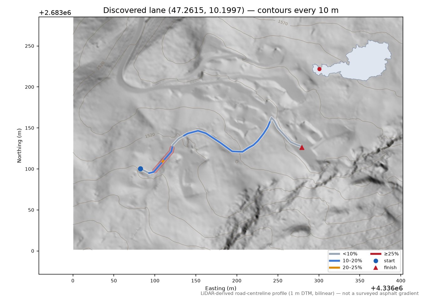 Discovered lane (47.2615, 10.1997) LiDAR hillshade map with contours