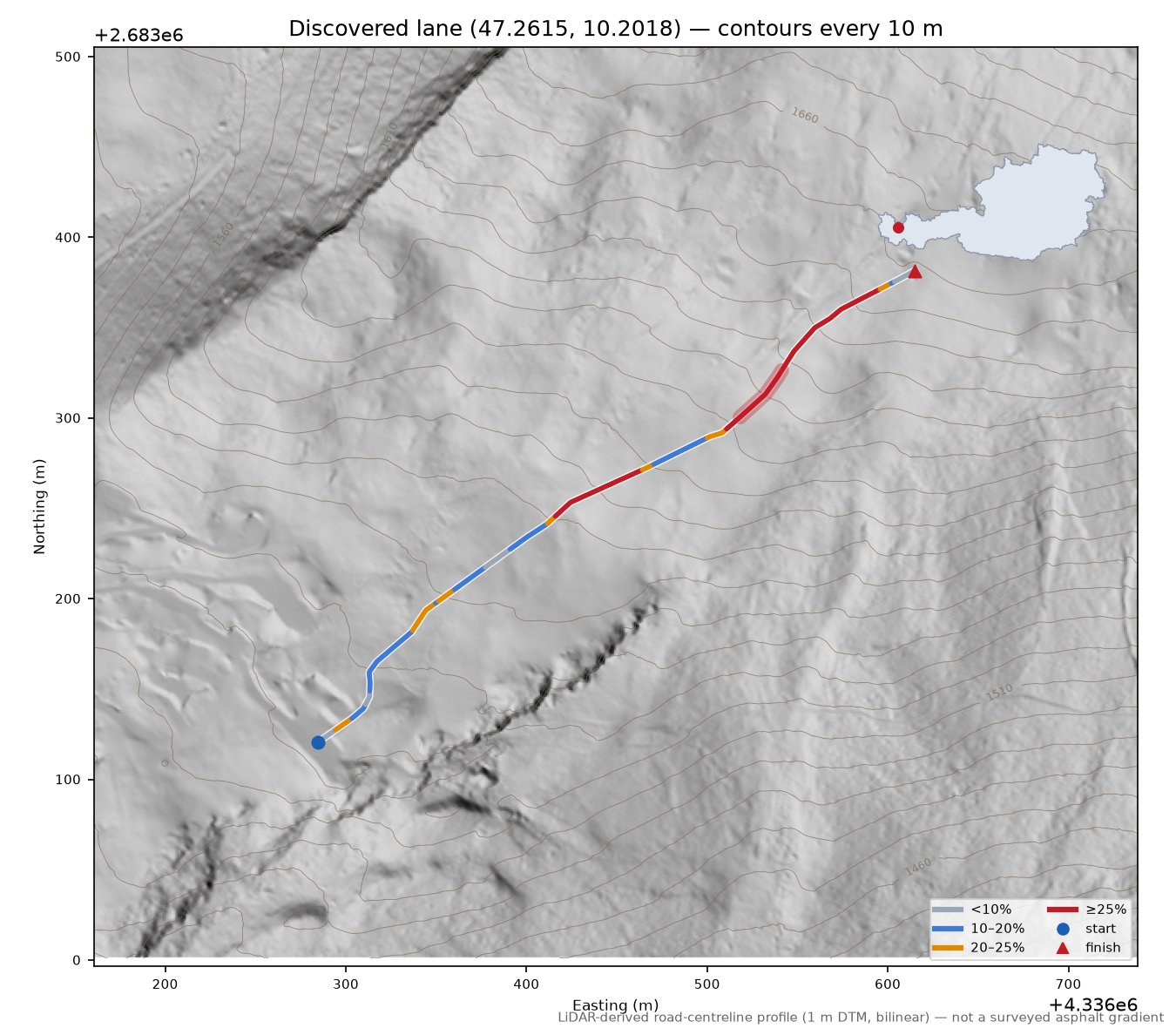 Discovered lane (47.2615, 10.2018) LiDAR hillshade map with contours