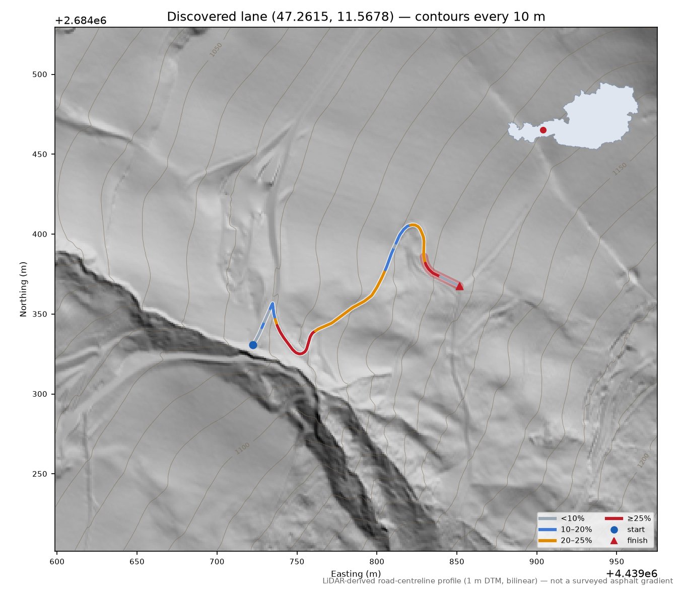 Discovered lane (47.2615, 11.5678) LiDAR hillshade map with contours