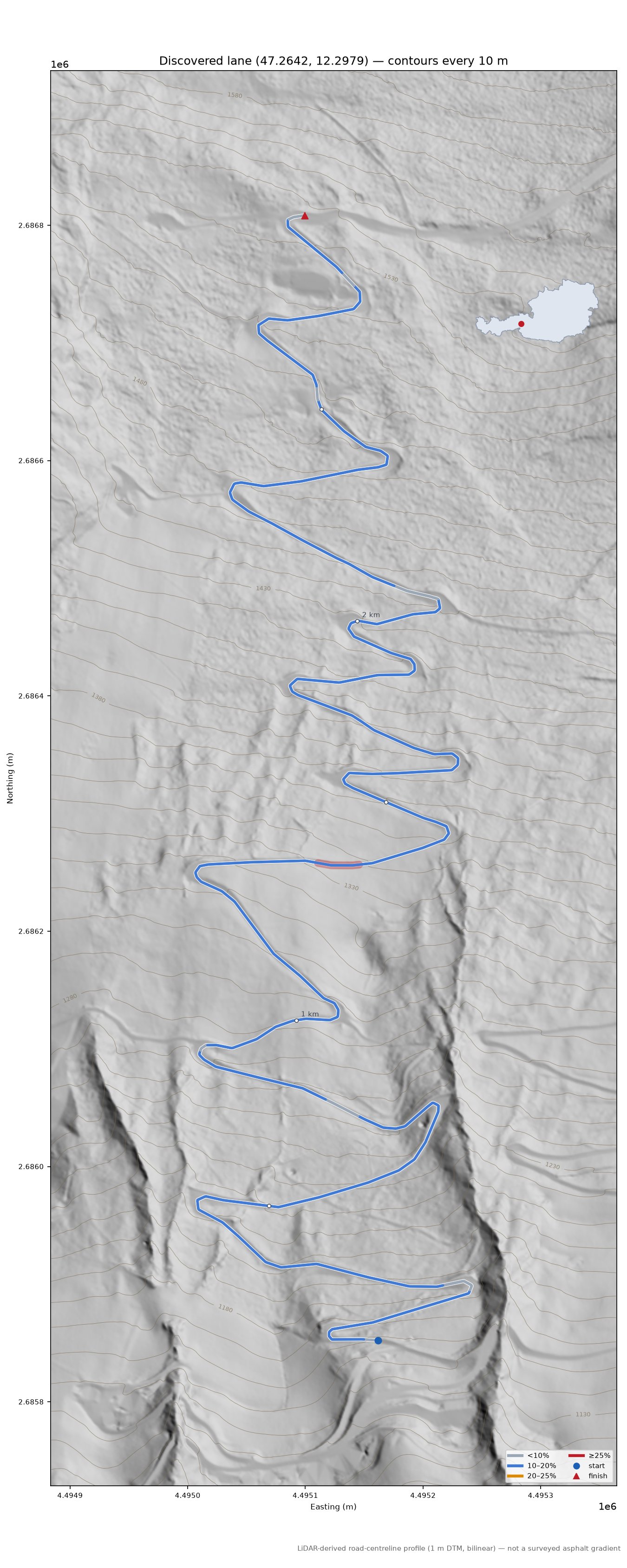 Discovered lane (47.2642, 12.2979) LiDAR hillshade map with contours