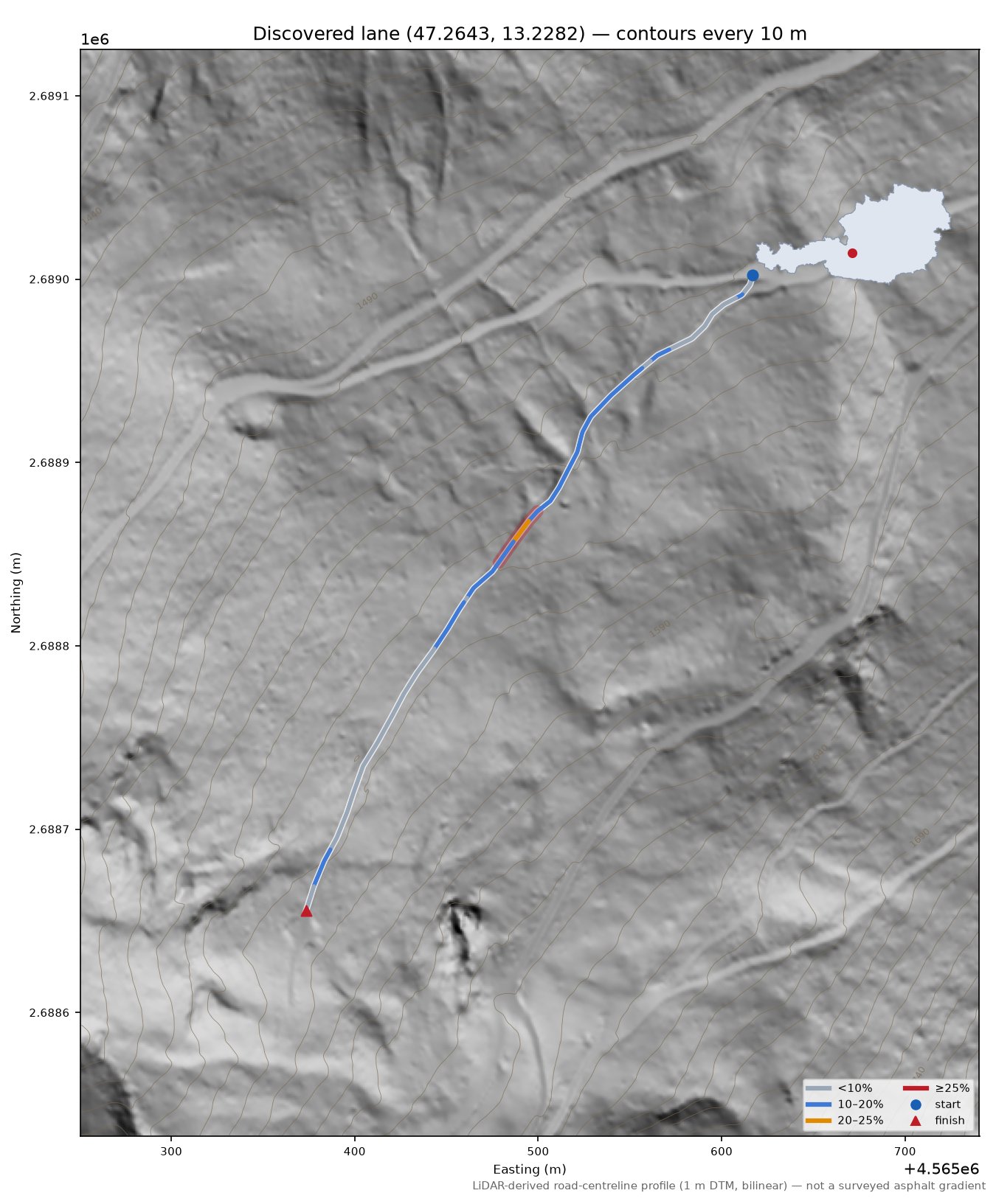 Discovered lane (47.2643, 13.2282) LiDAR hillshade map with contours