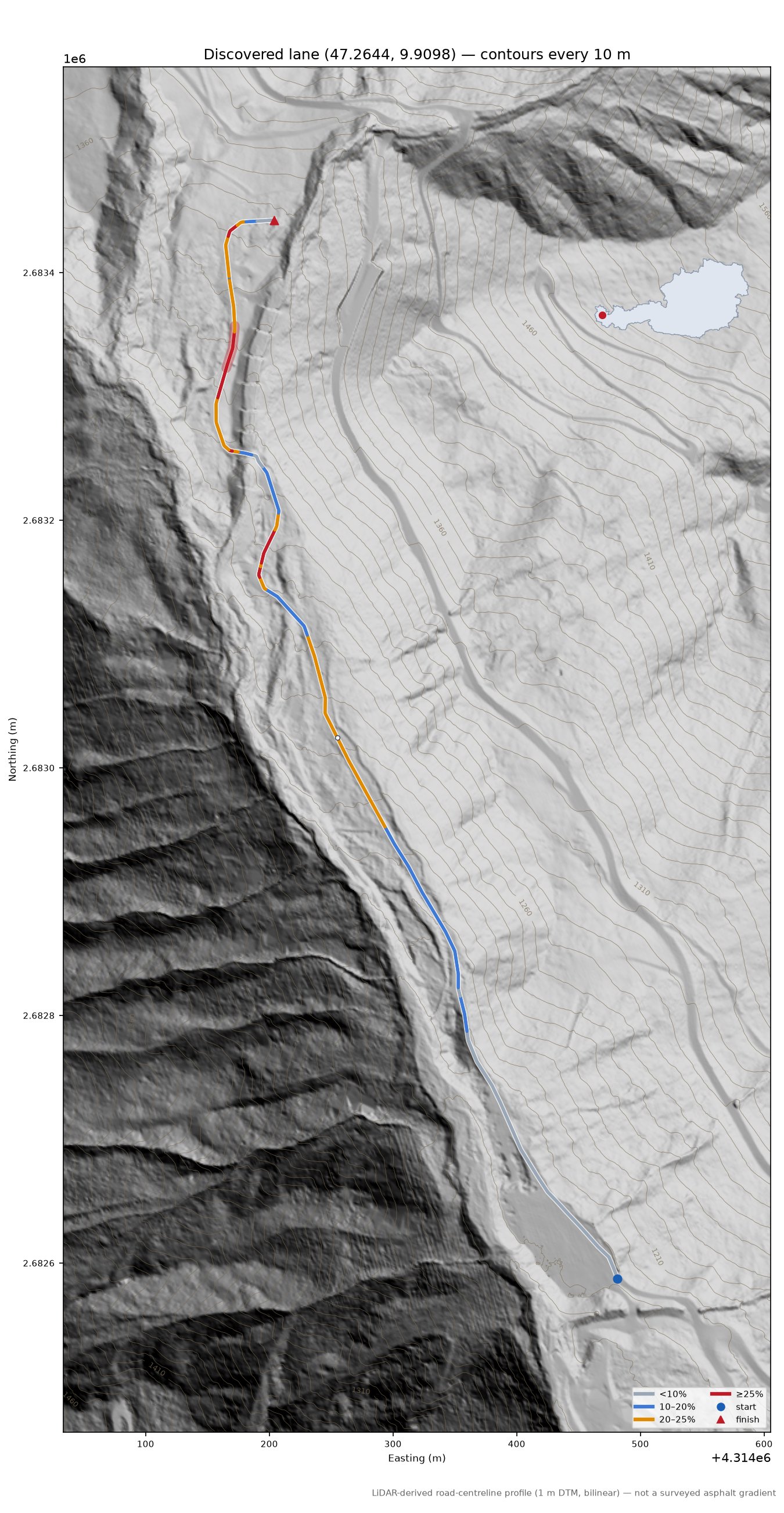 Discovered lane (47.2644, 9.9098) LiDAR hillshade map with contours