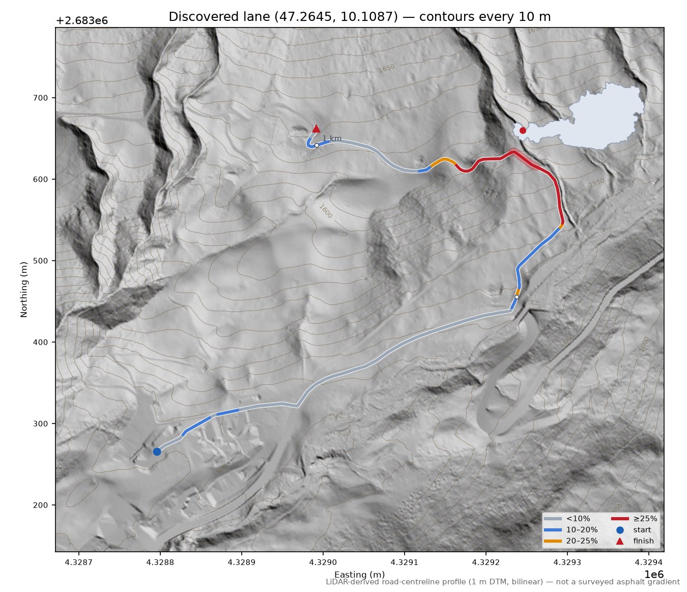 Discovered lane (47.2645, 10.1087) LiDAR hillshade map with contours