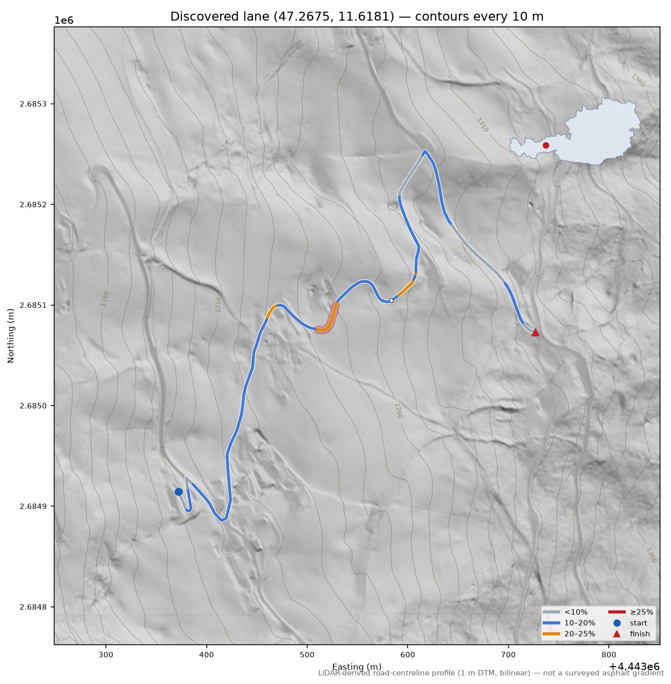 Discovered lane (47.2675, 11.6181) LiDAR hillshade map with contours