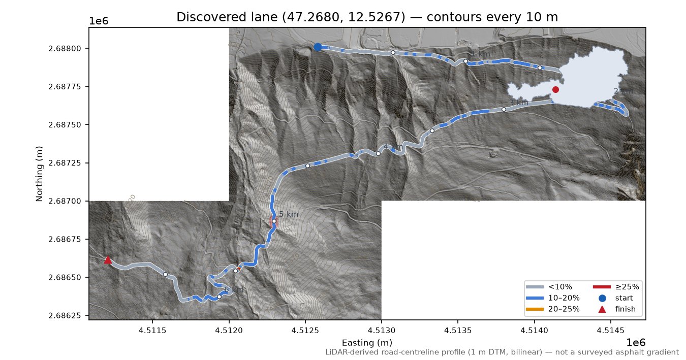 Discovered lane (47.2680, 12.5267) LiDAR hillshade map with contours