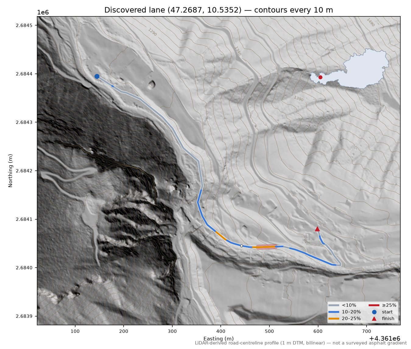 Discovered lane (47.2687, 10.5352) LiDAR hillshade map with contours