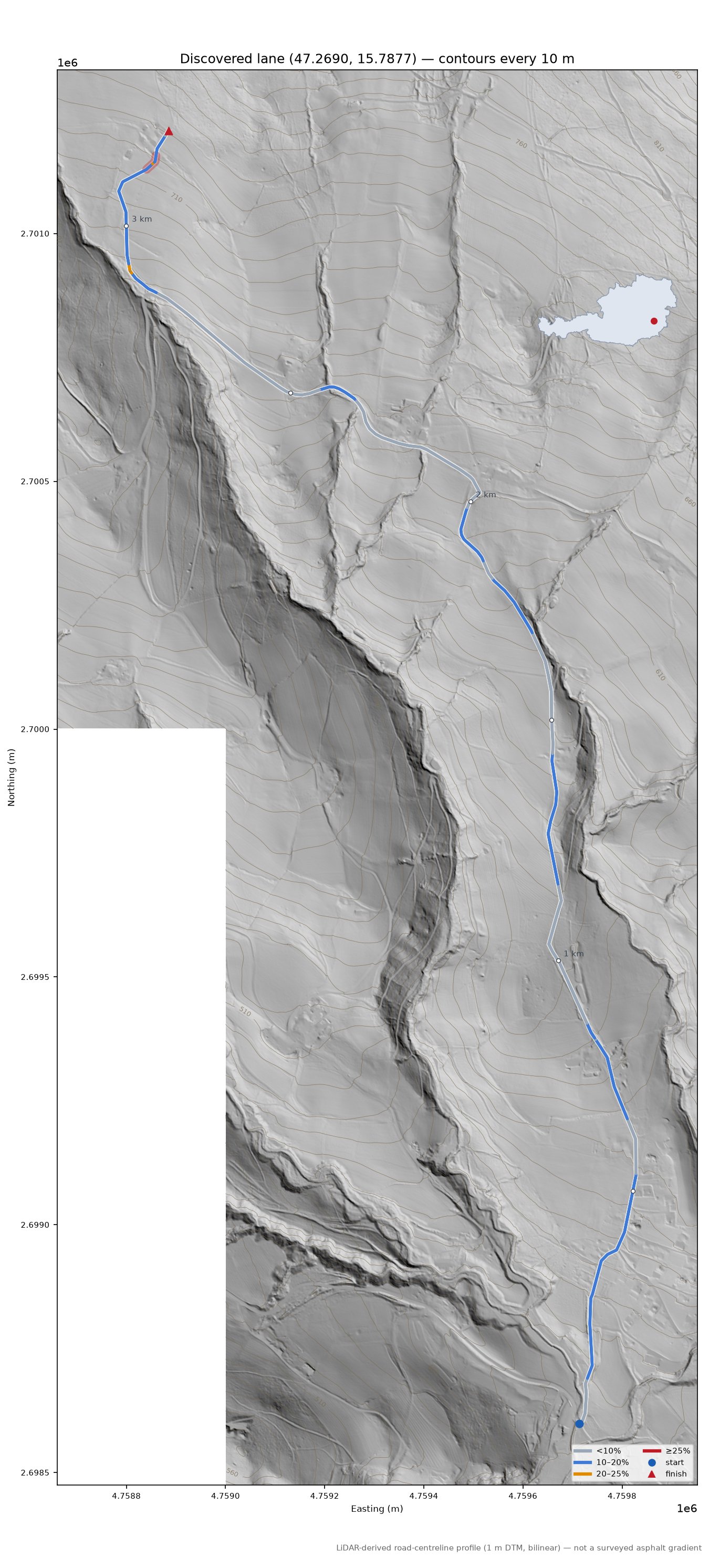Discovered lane (47.2690, 15.7877) LiDAR hillshade map with contours