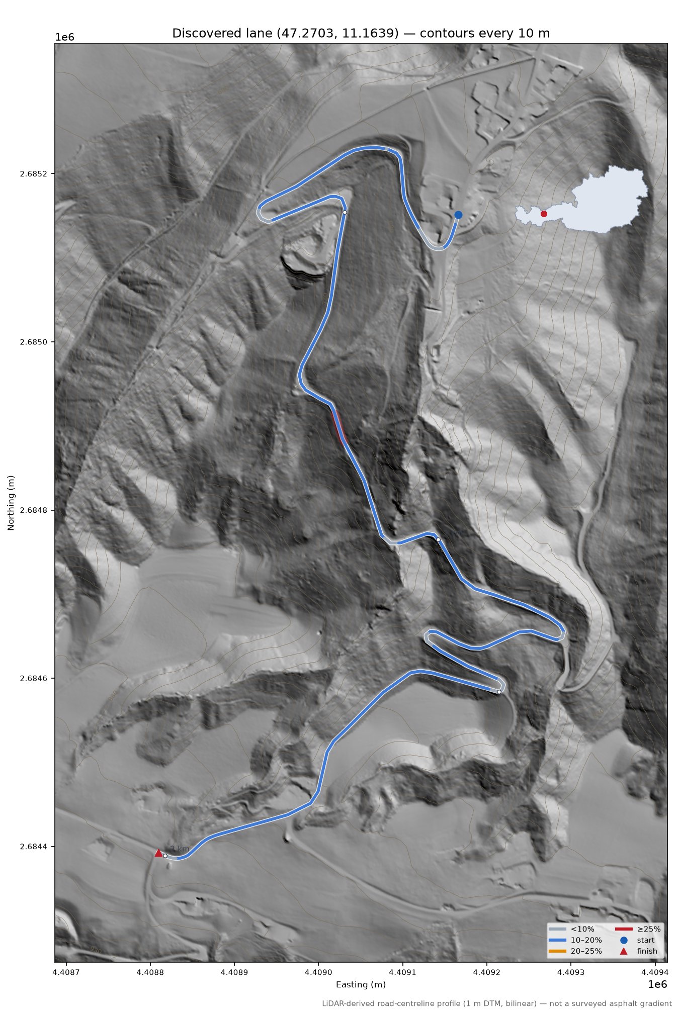 Discovered lane (47.2703, 11.1639) LiDAR hillshade map with contours