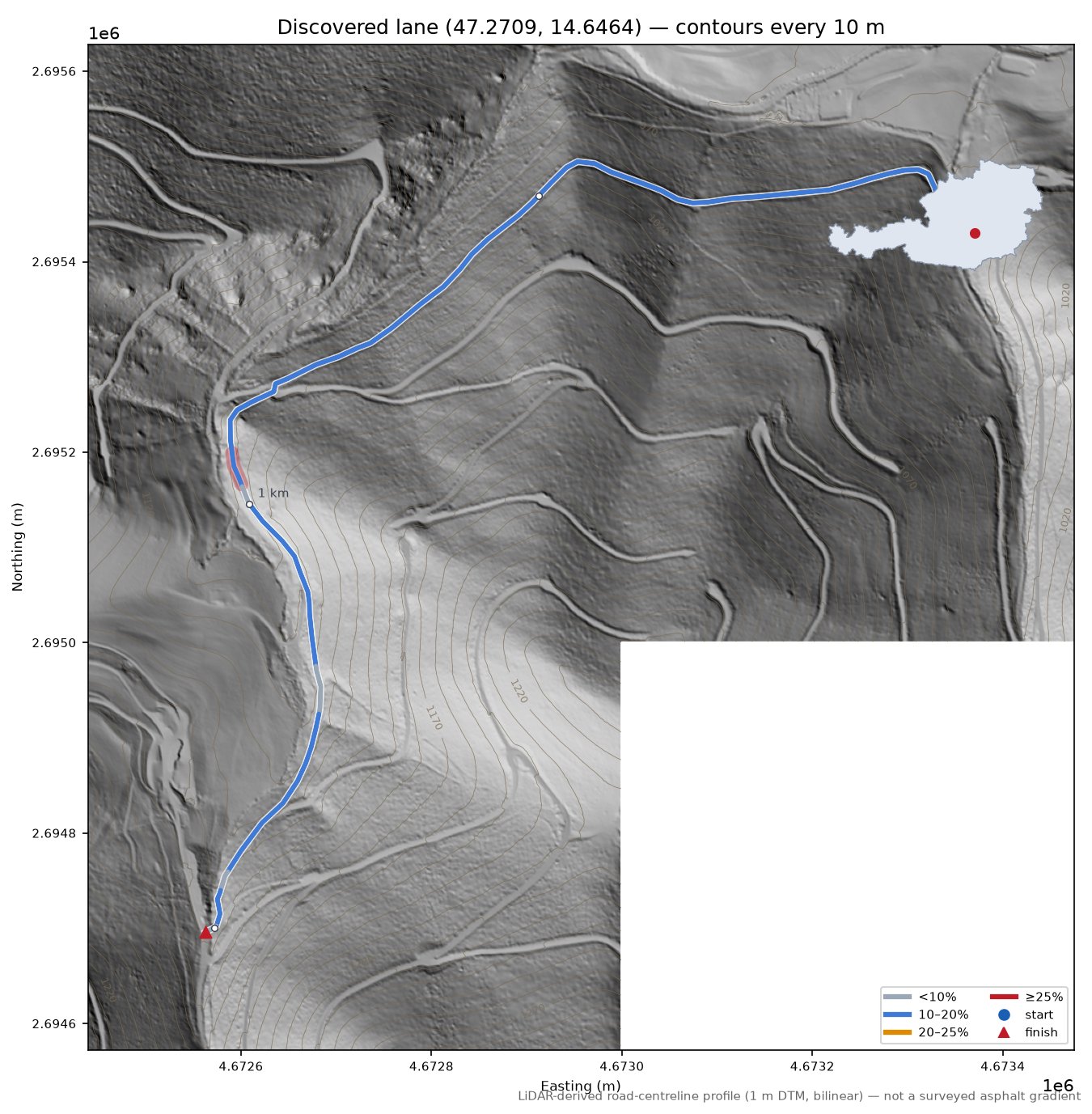 Discovered lane (47.2709, 14.6464) LiDAR hillshade map with contours