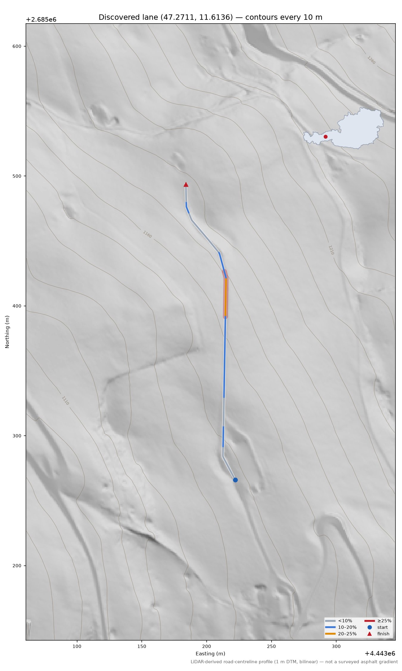 Discovered lane (47.2711, 11.6136) LiDAR hillshade map with contours