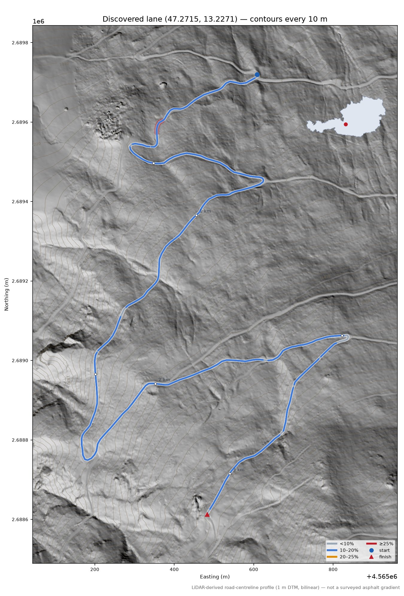 Discovered lane (47.2715, 13.2271) LiDAR hillshade map with contours
