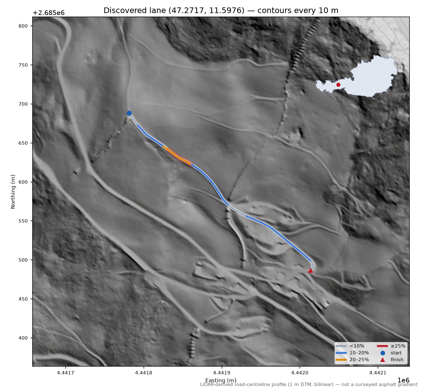 Discovered lane (47.2717, 11.5976) LiDAR hillshade map with contours