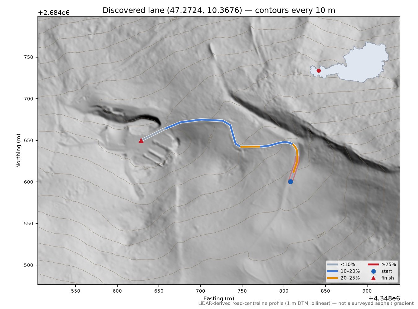 Discovered lane (47.2724, 10.3676) LiDAR hillshade map with contours