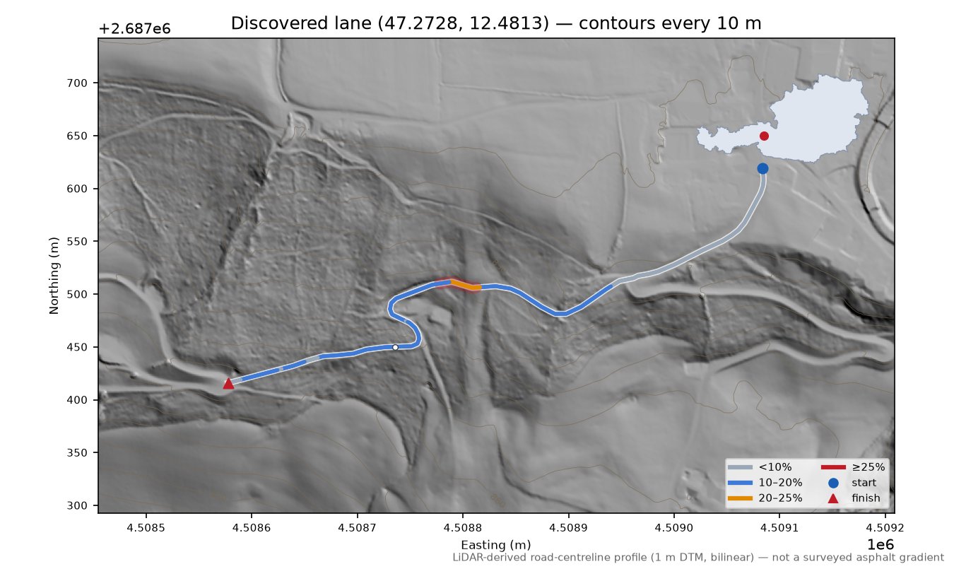 Discovered lane (47.2728, 12.4813) LiDAR hillshade map with contours