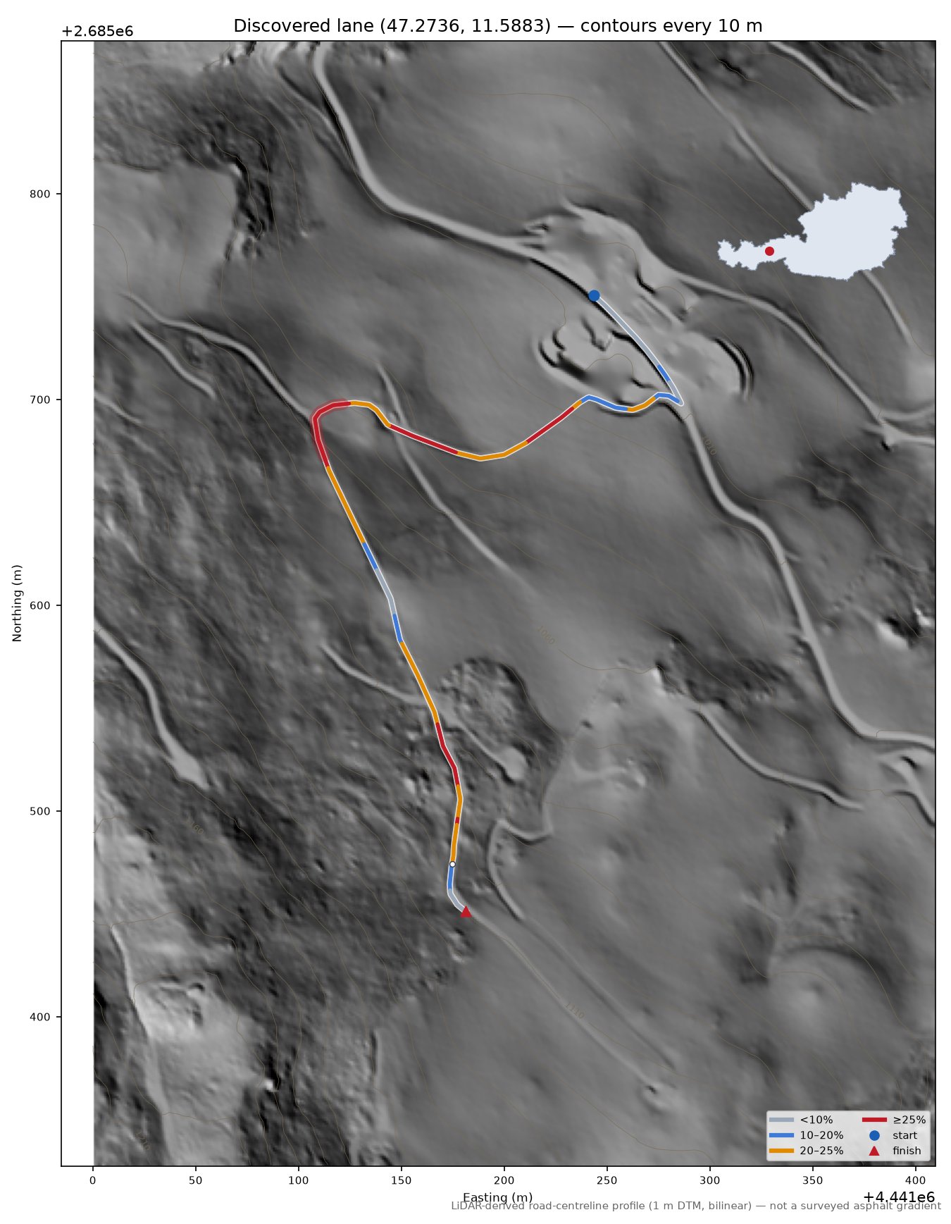 Discovered lane (47.2736, 11.5883) LiDAR hillshade map with contours