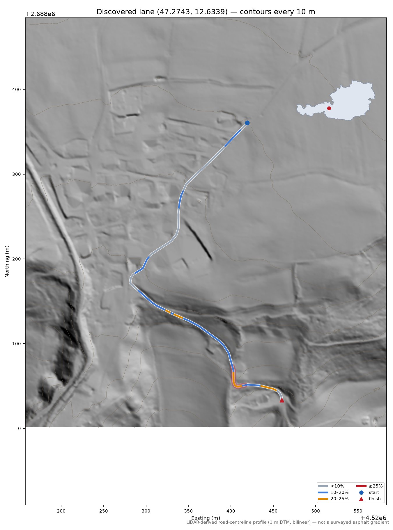 Discovered lane (47.2743, 12.6339) LiDAR hillshade map with contours