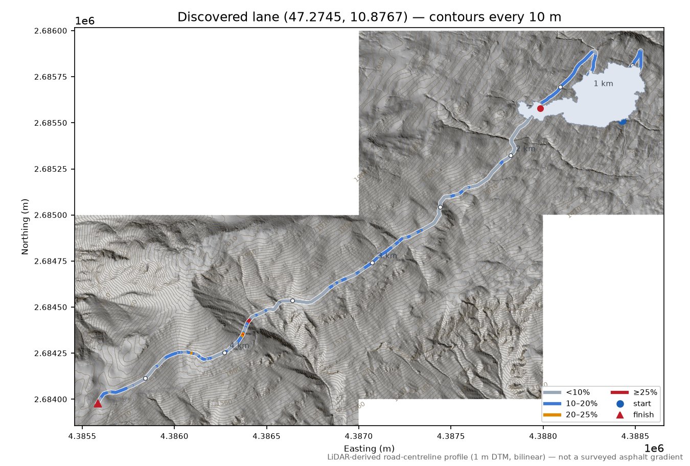 Discovered lane (47.2745, 10.8767) LiDAR hillshade map with contours