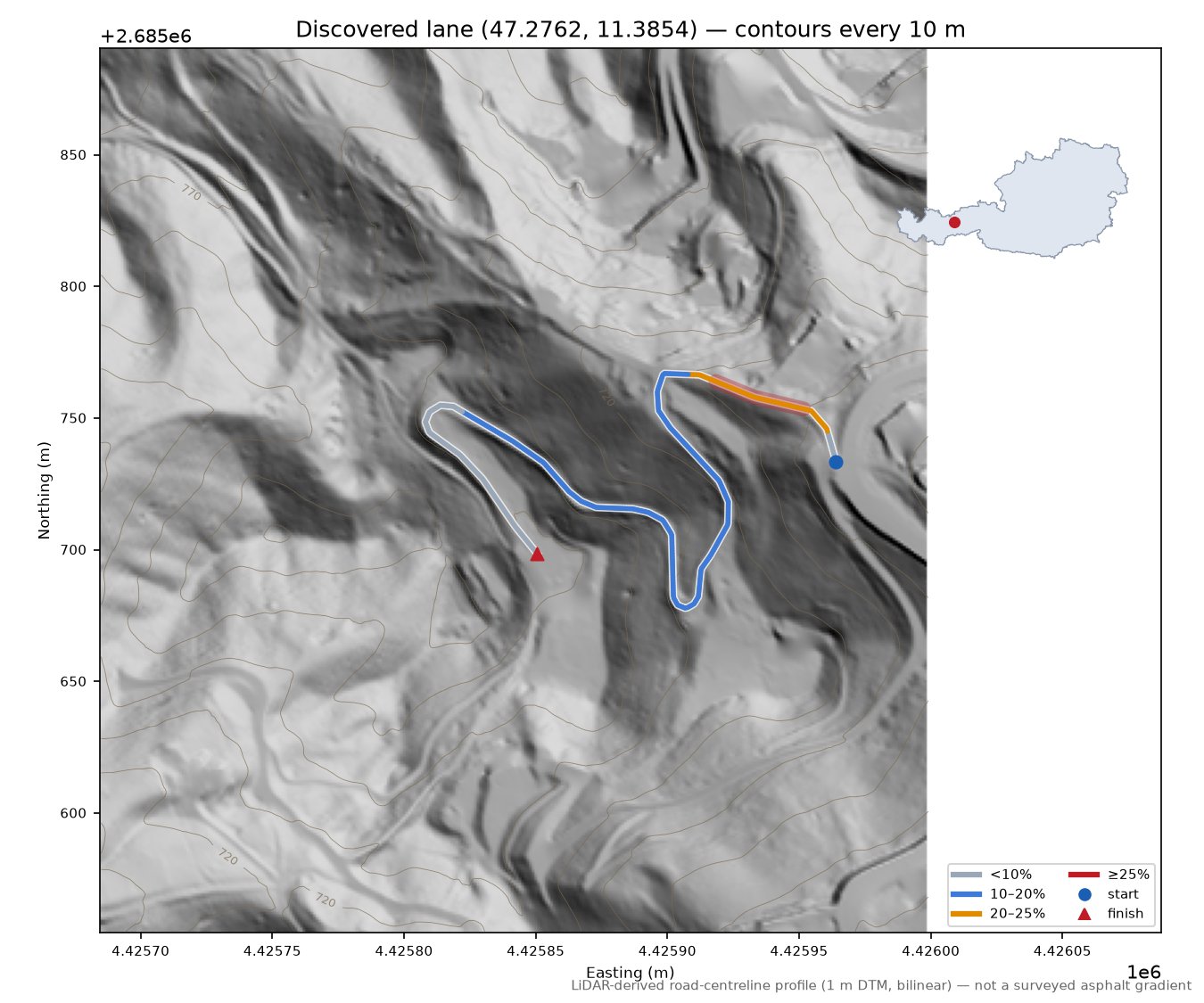 Discovered lane (47.2762, 11.3854) LiDAR hillshade map with contours
