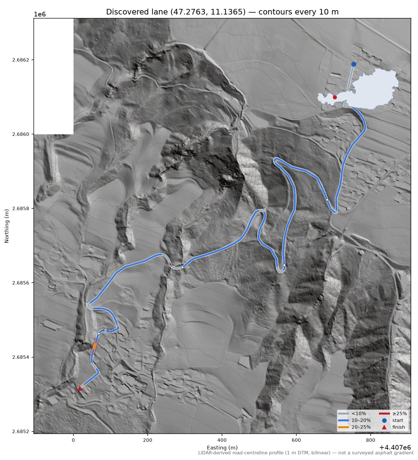 Discovered lane (47.2763, 11.1365) LiDAR hillshade map with contours