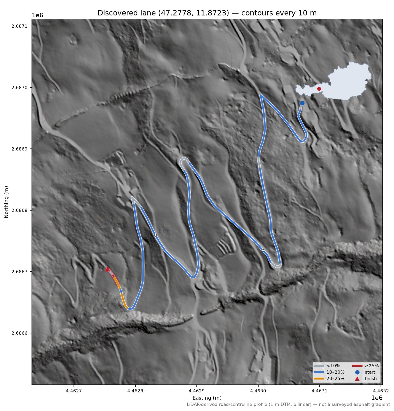Discovered lane (47.2778, 11.8723) LiDAR hillshade map with contours
