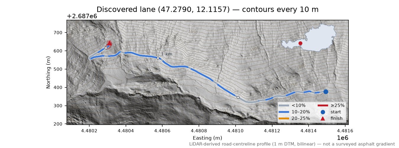 Discovered lane (47.2790, 12.1157) LiDAR hillshade map with contours