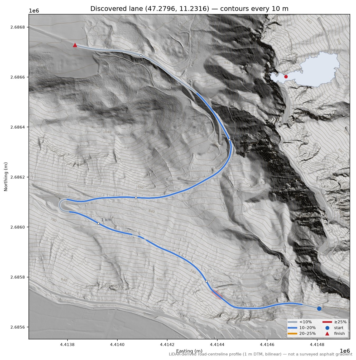 Discovered lane (47.2796, 11.2316) LiDAR hillshade map with contours