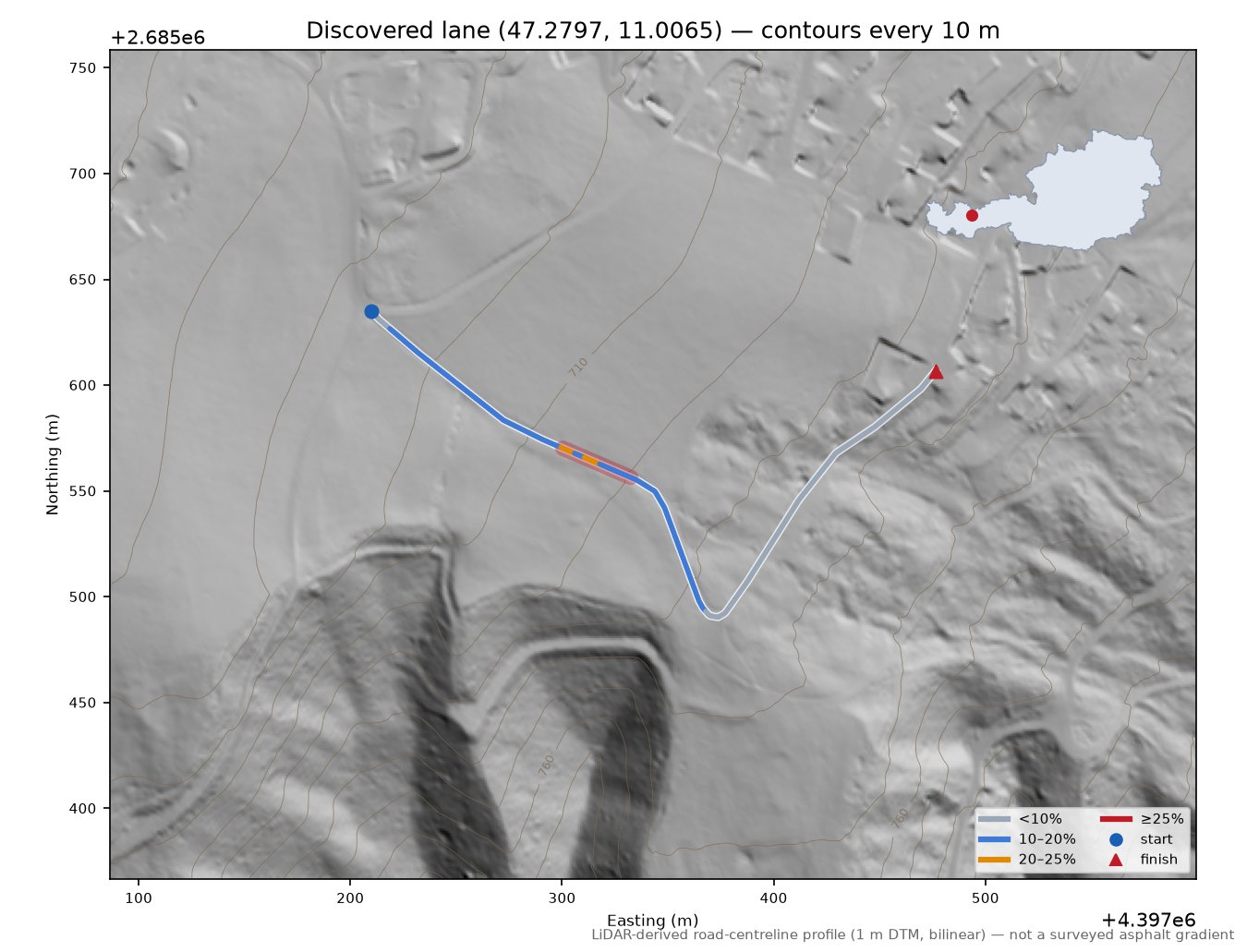 Discovered lane (47.2797, 11.0065) LiDAR hillshade map with contours