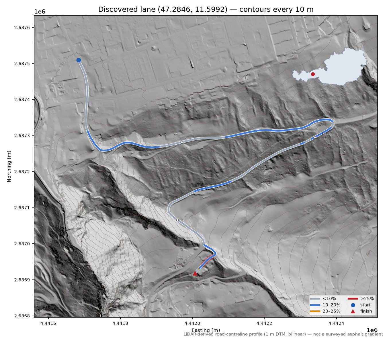 Discovered lane (47.2846, 11.5992) LiDAR hillshade map with contours
