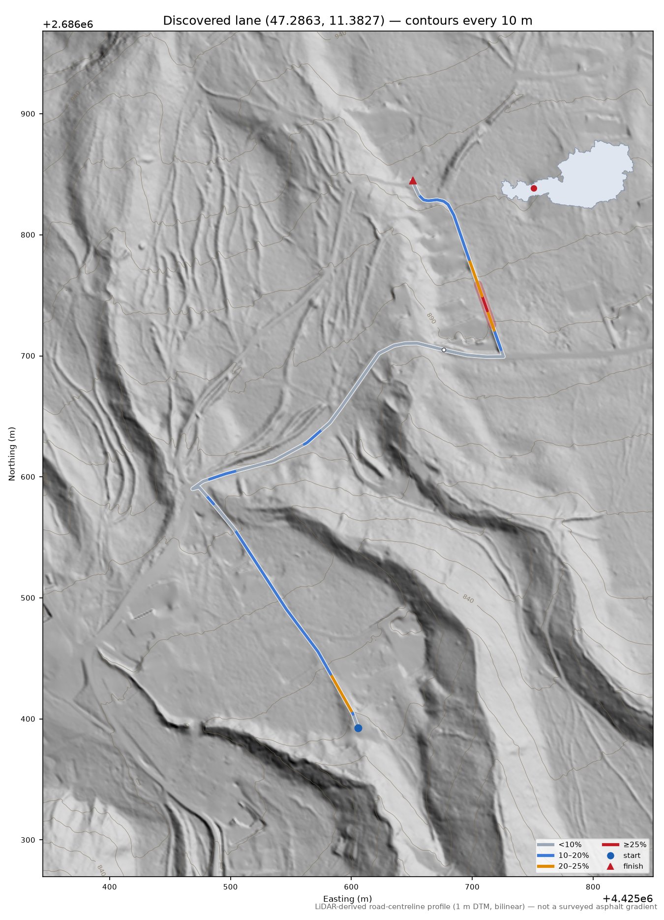 Discovered lane (47.2863, 11.3827) LiDAR hillshade map with contours