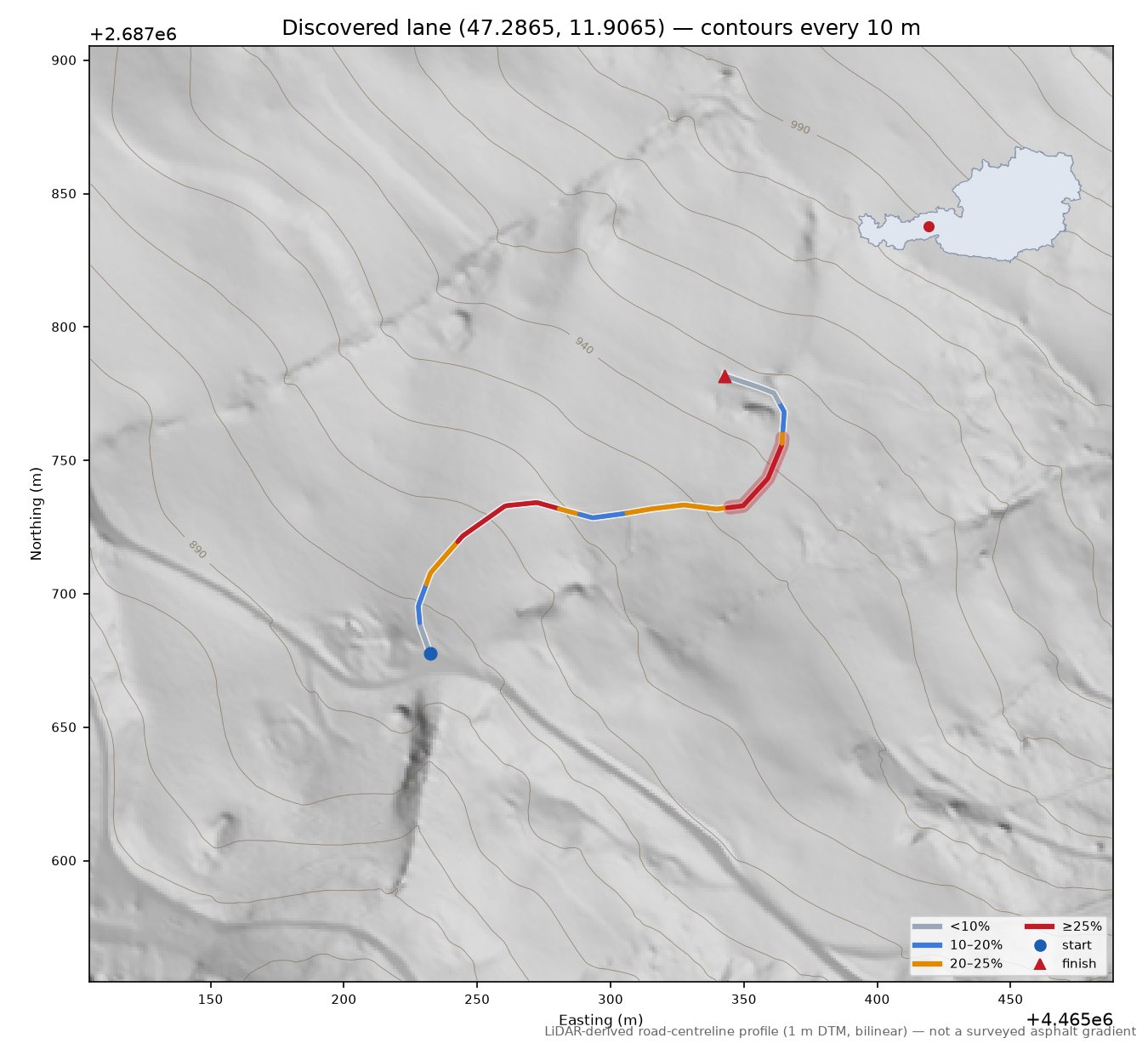 Discovered lane (47.2865, 11.9065) LiDAR hillshade map with contours