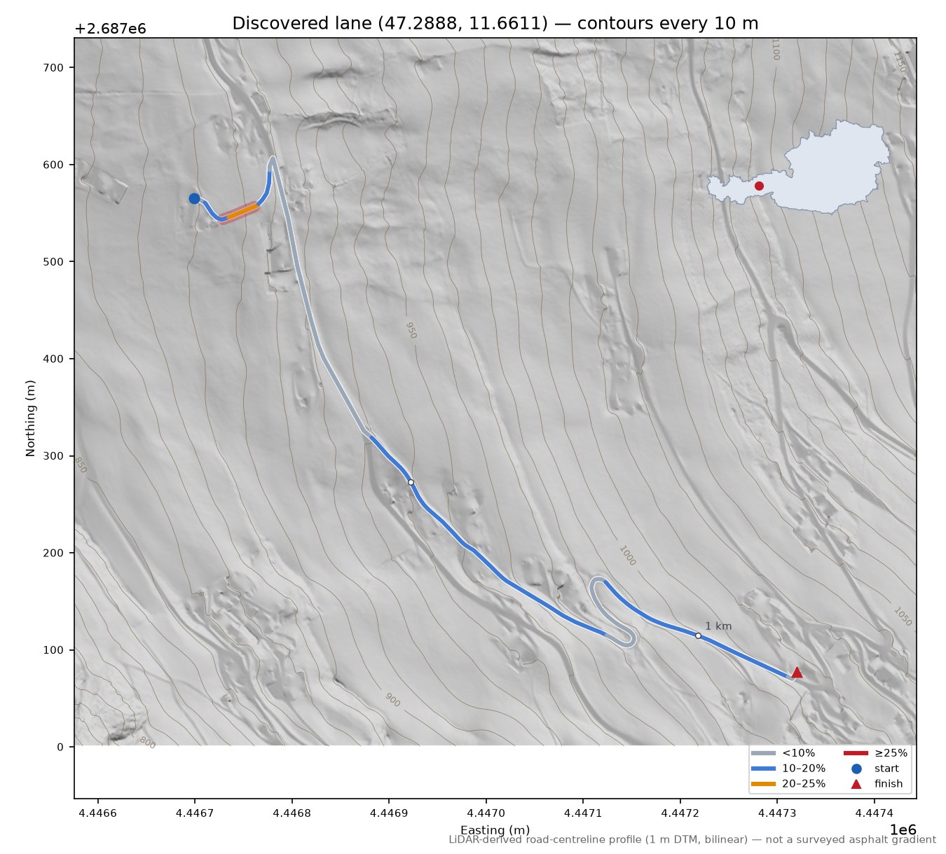 Discovered lane (47.2888, 11.6611) LiDAR hillshade map with contours