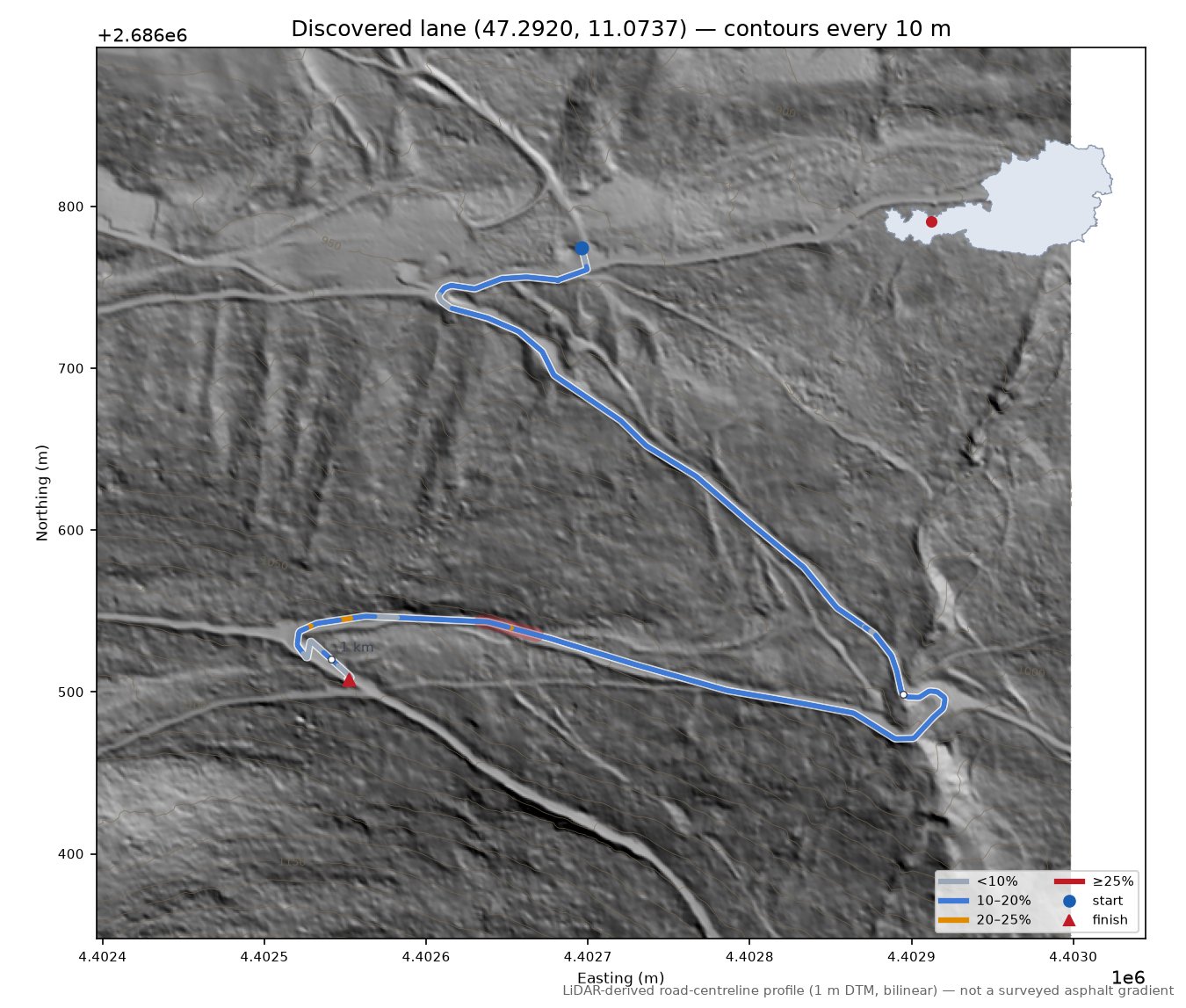 Discovered lane (47.2920, 11.0737) LiDAR hillshade map with contours