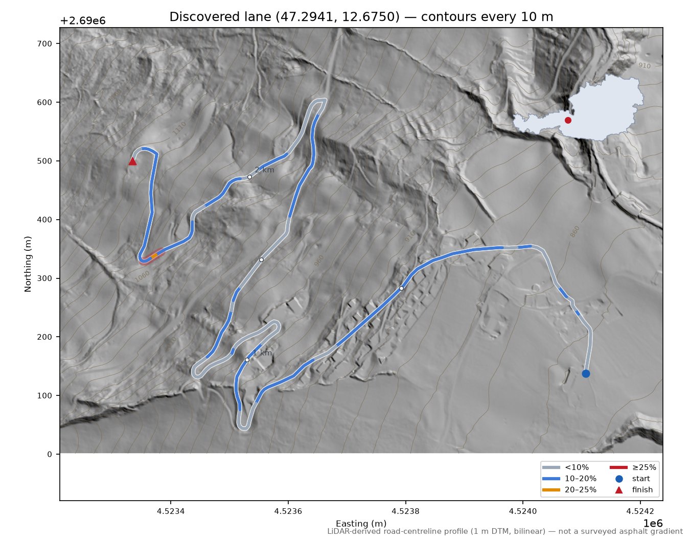 Discovered lane (47.2941, 12.6750) LiDAR hillshade map with contours