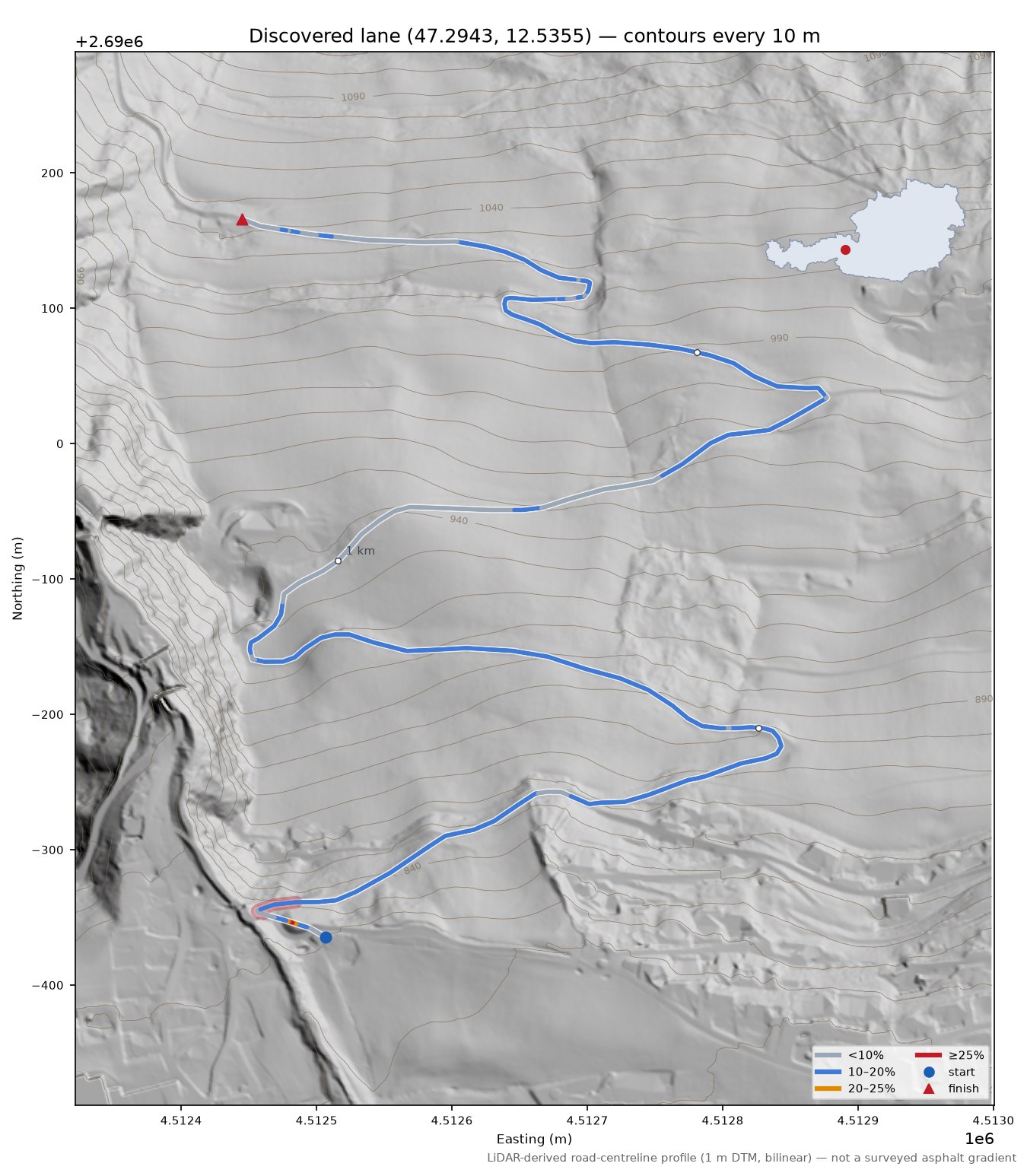 Discovered lane (47.2943, 12.5355) LiDAR hillshade map with contours