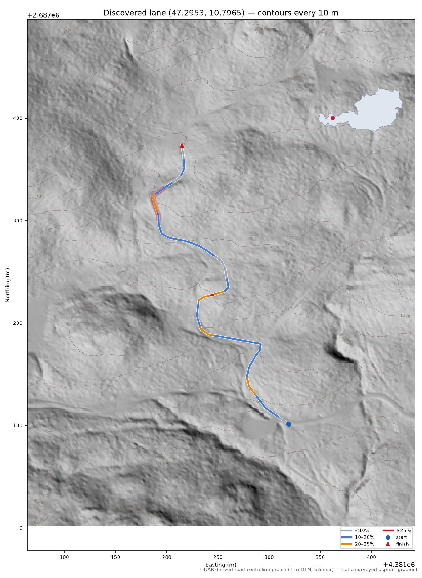 Discovered lane (47.2953, 10.7965) LiDAR hillshade map with contours