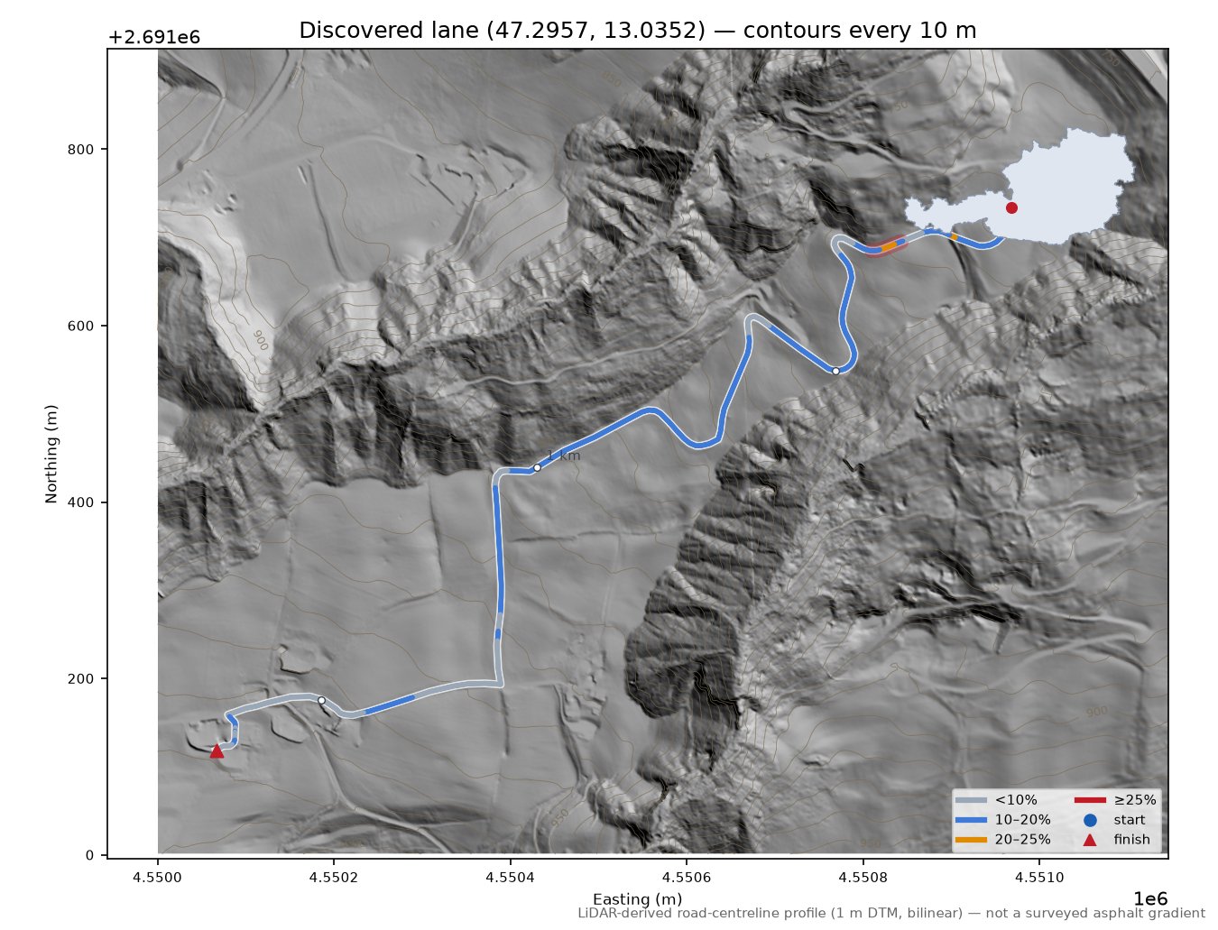 Discovered lane (47.2957, 13.0352) LiDAR hillshade map with contours