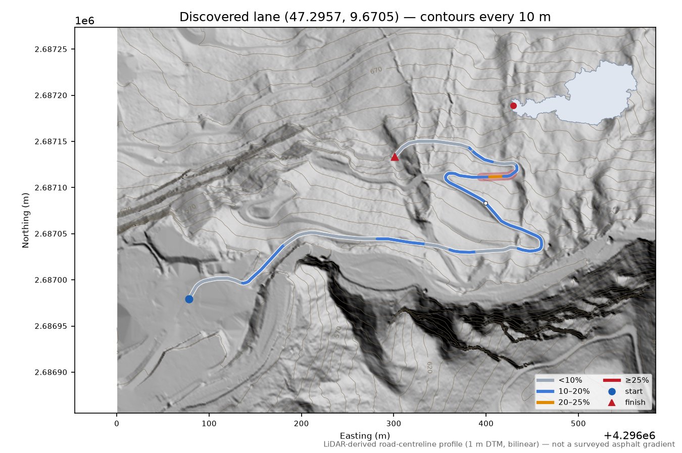 Discovered lane (47.2957, 9.6705) LiDAR hillshade map with contours