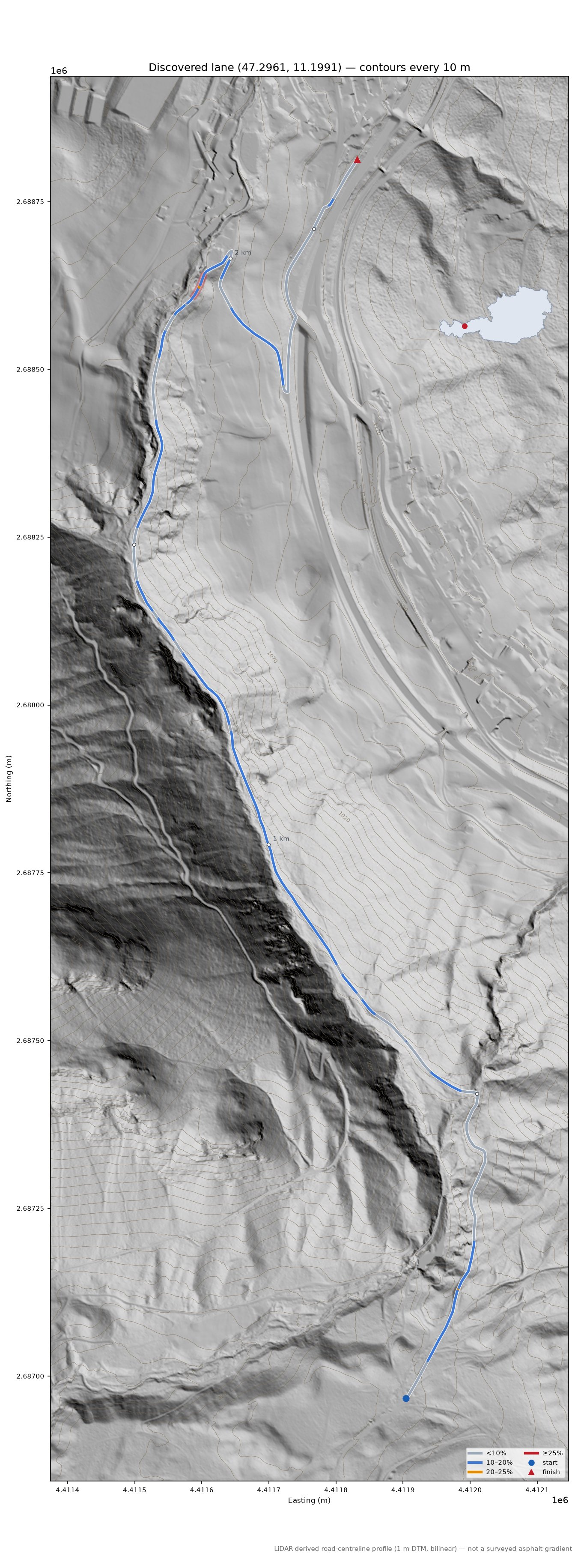 Discovered lane (47.2961, 11.1991) LiDAR hillshade map with contours