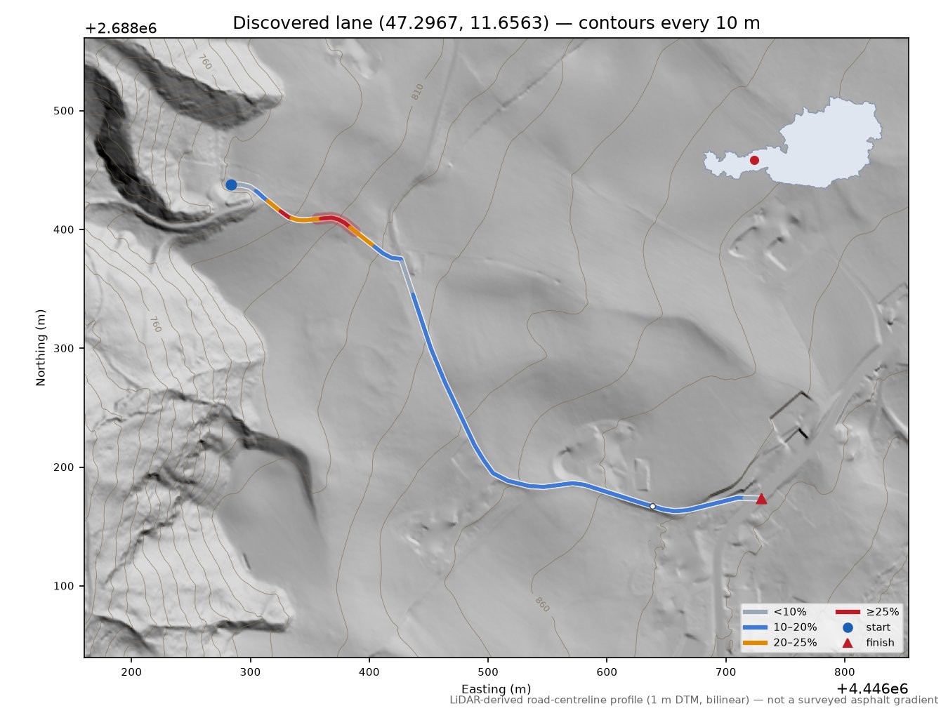 Discovered lane (47.2967, 11.6563) LiDAR hillshade map with contours