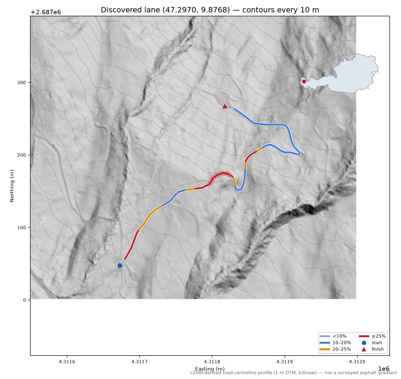 Discovered lane (47.2970, 9.8768) LiDAR hillshade map with contours