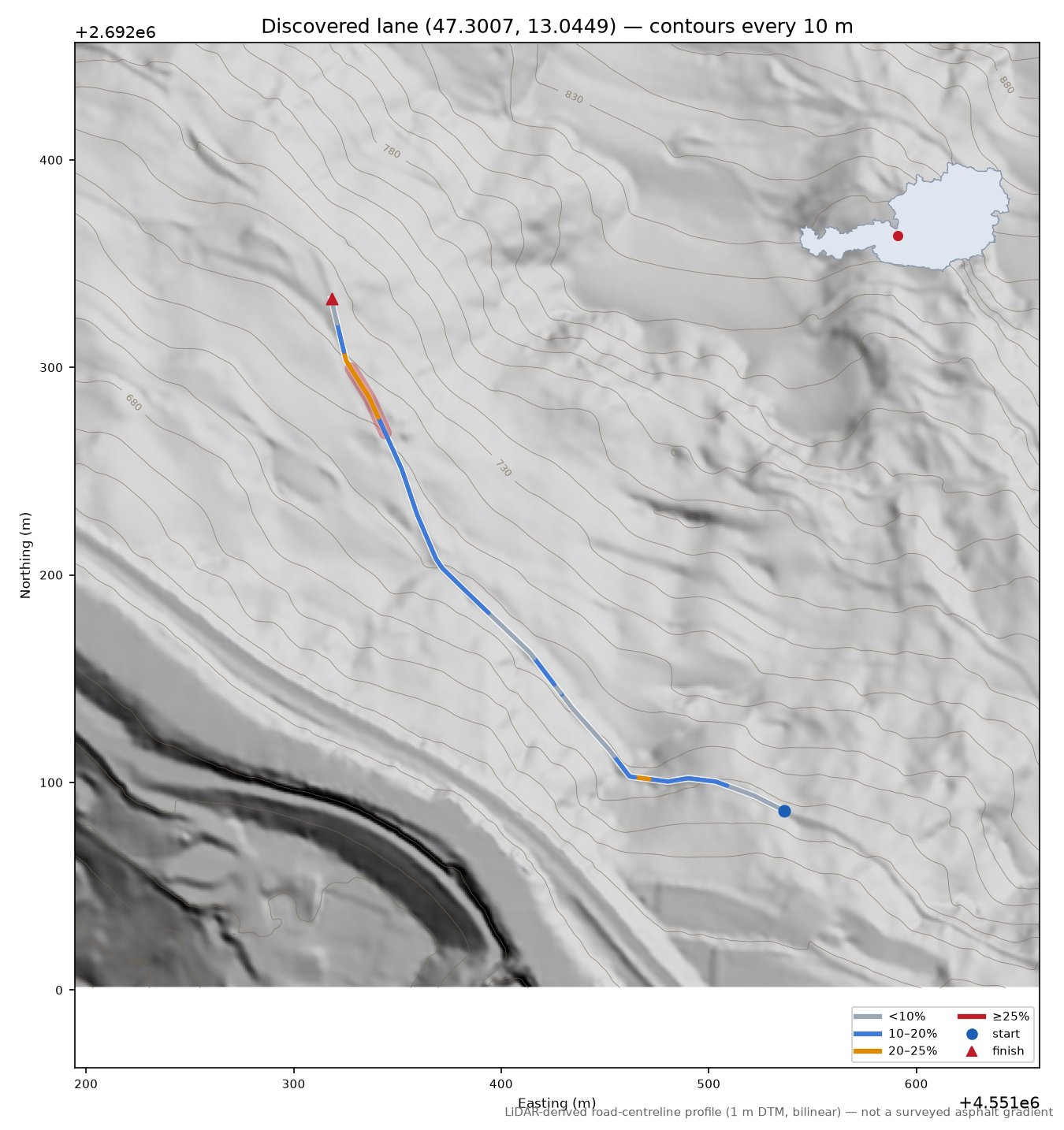 Discovered lane (47.3007, 13.0449) LiDAR hillshade map with contours