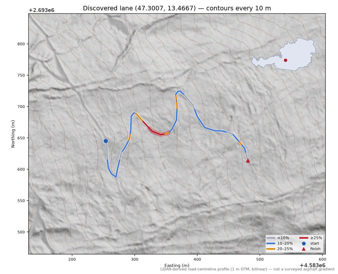 Discovered lane (47.3007, 13.4667) LiDAR hillshade map with contours