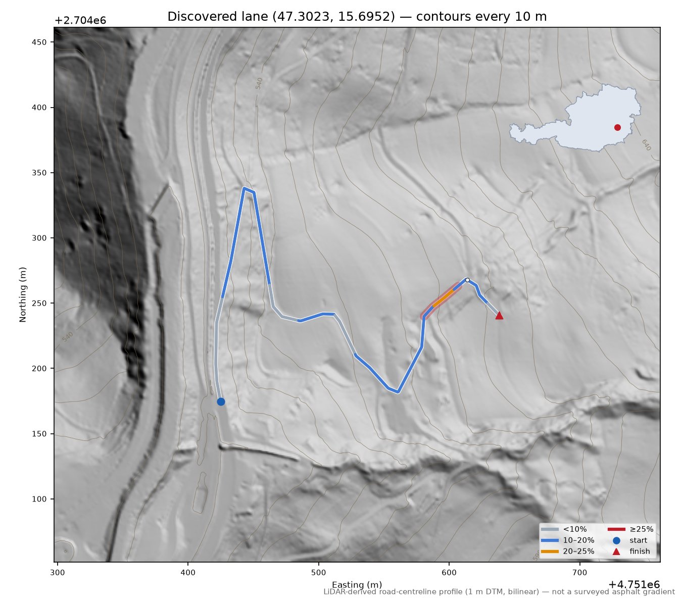 Discovered lane (47.3023, 15.6952) LiDAR hillshade map with contours