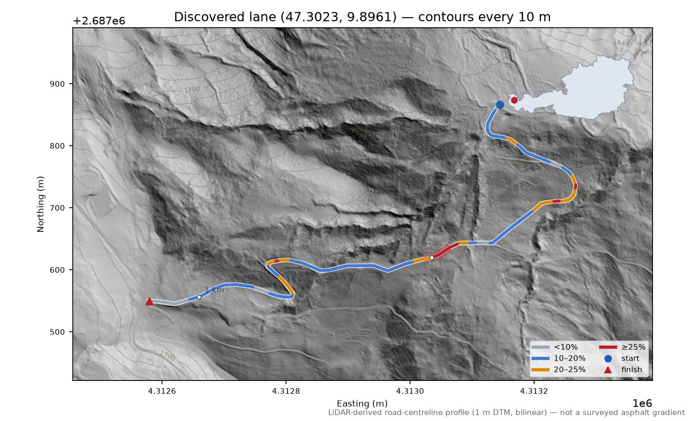 Discovered lane (47.3023, 9.8961) LiDAR hillshade map with contours