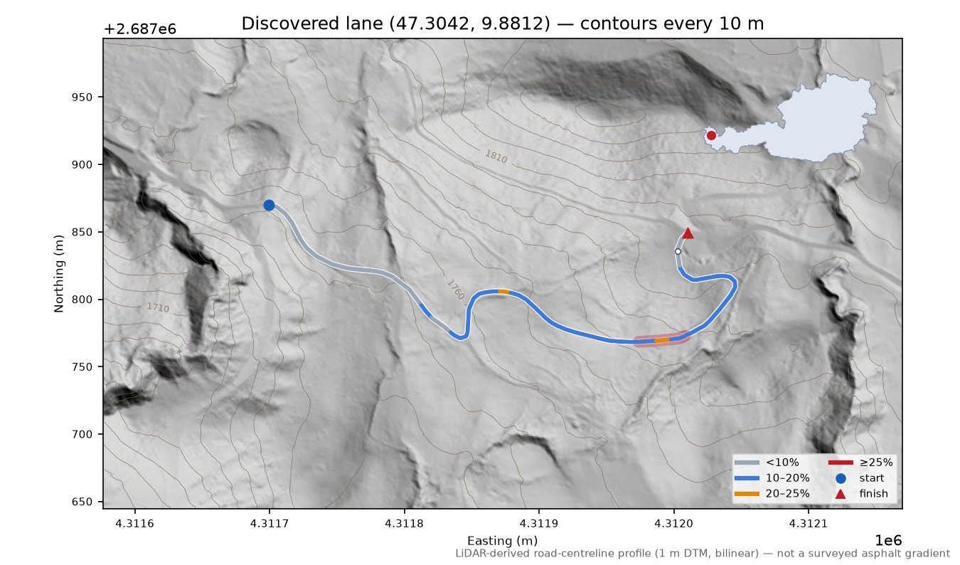 Discovered lane (47.3042, 9.8812) LiDAR hillshade map with contours